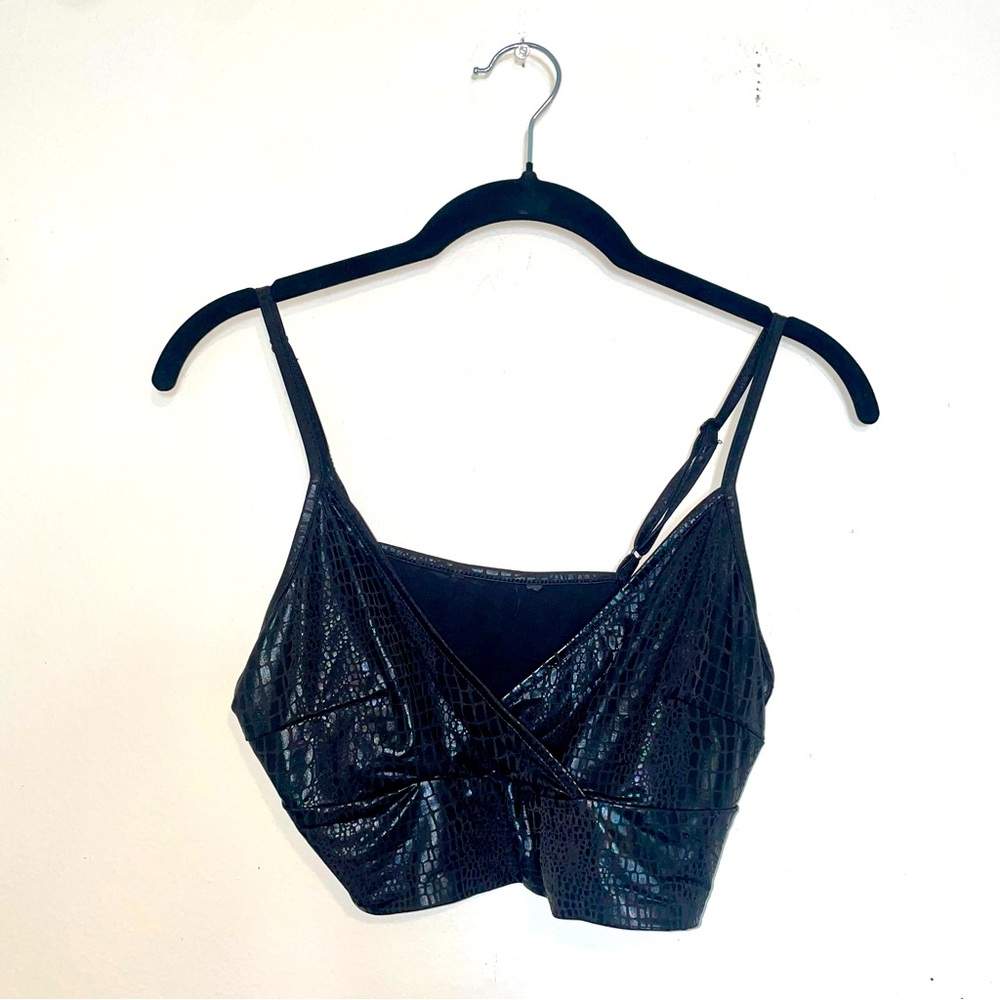 Black Crocodile Print Faux Leather Cropped Top